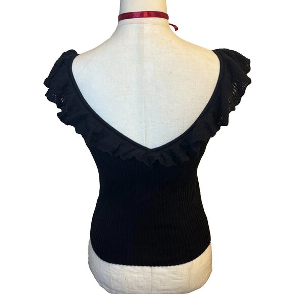 Gap Women's Tank Black V Neck Ruffle Sweater Ribbed Size Small Soft Knitted - Picture 2 of 7